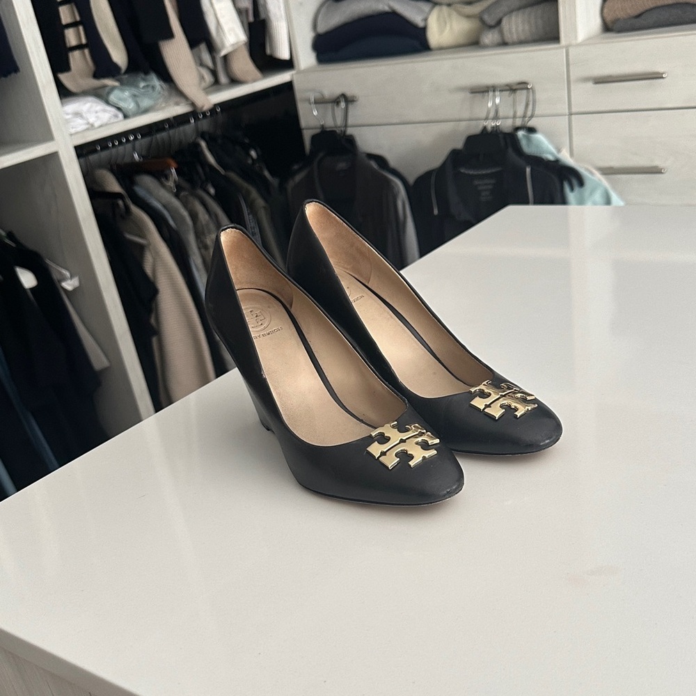 Tory Burch Black Heels with Gold Emblem